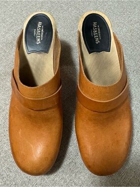 Swedish Hasbeens Women's Leather Wooden Clogs Shoes Tan Size 41 US 10